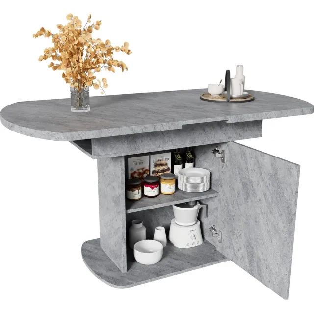 Merax Uitschuifbare Ovale Eettafel – 110-130 x 70 cm – Betonlook Tafelblad met Opbergruimte – Moderne Keukentafel met Zilveren Handgreep – Grijs – Voor 4 tot 6 Personen