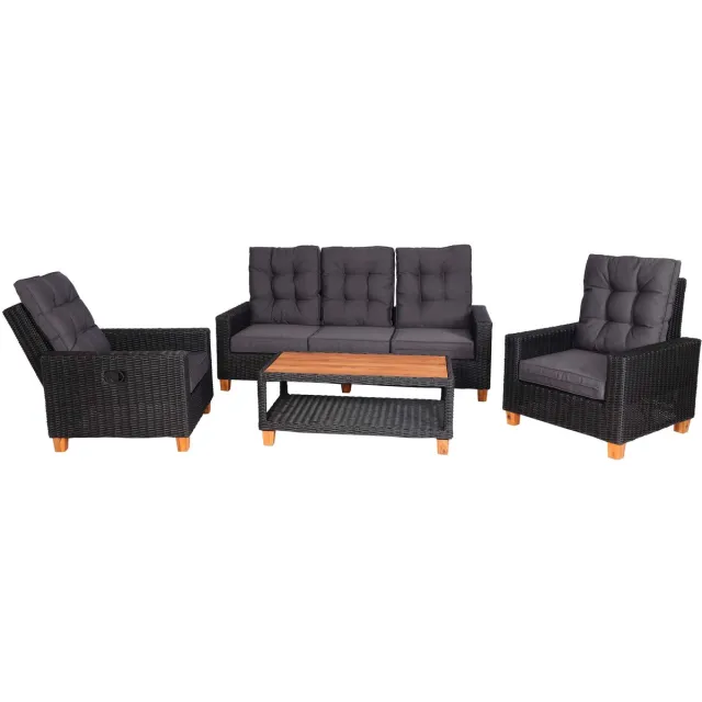 MCW Tuinset MCW-G28, zitgroep loungeset, acaciahout halfronde rotan verstelbaar MVG ~ antraciet, kussens grijs