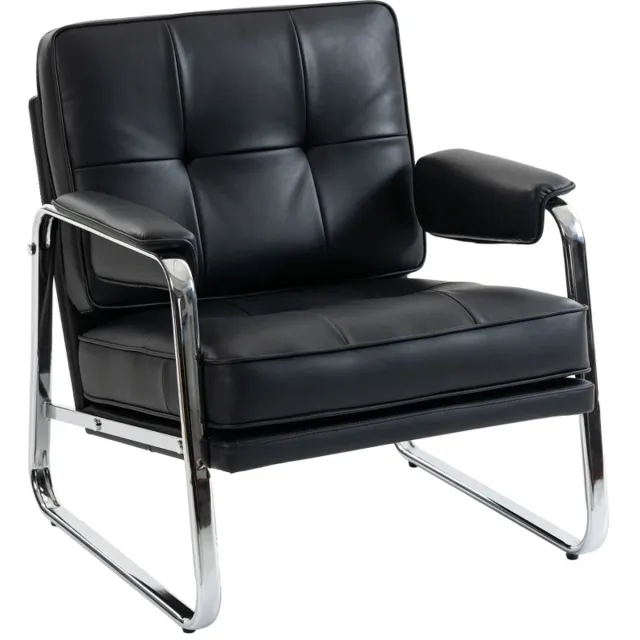ZYLARO Fauteuil - Loungestoel met Brede Zitting en Armleuningen - Stalen Poten - Kunstleer - Voor Woonkamer en Slaapkamer - Zwart zwart + zilver