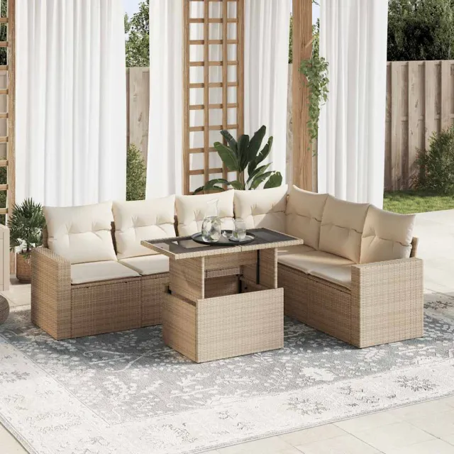 vidaXL 7-delige Loungeset met kussens poly rattan beige, foto 2