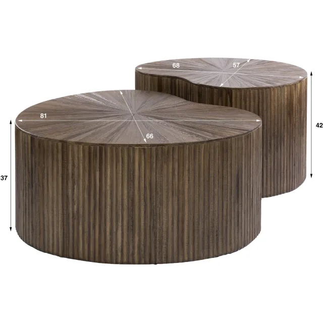Set van 2 - Nest of Nora Salontafel Thova - Niervormig - Massief teakhout espresso / bijzettafel set / woonkamertafel donkerbruin