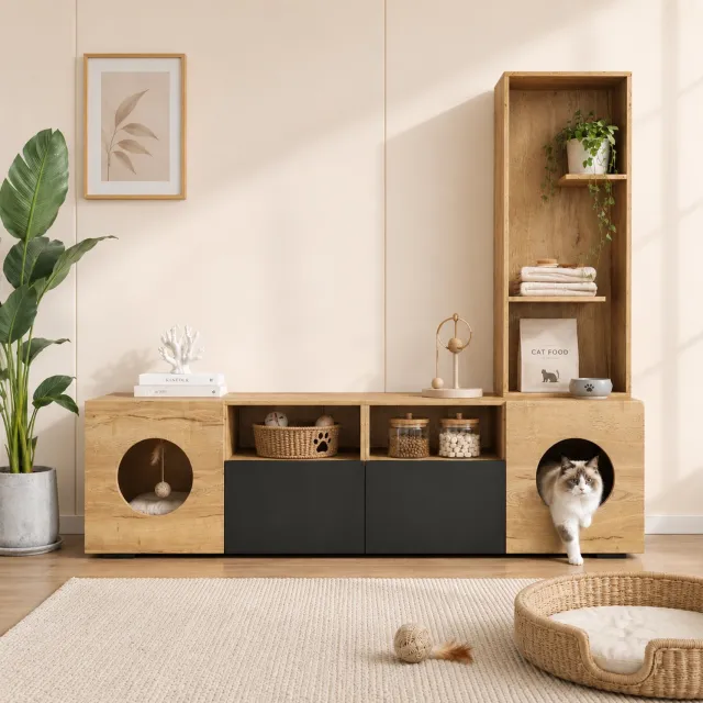 REDOM Tv-meubel 185x40x162 cm - Met kattenruimte, open vakken en hoog rek - Zwart/naturel Zwart en naturel houtkleur