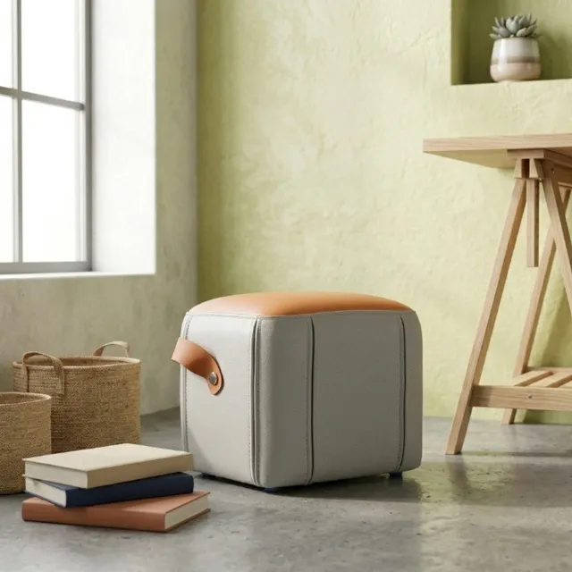 KOMHTOM Moderne hocker - PU-lederen handgreep - Gepolsterde zitting - PU-lederen bekleding - Multifunctionele poef - Ideaal voor de woonkamer en slaapkamer Grijs