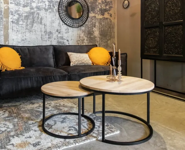 Meubelplaats Salontafel Olaf Set van 2 rond Eiken - 2 cm dik blad - Ronde Tafels - massief eikenhout Natuurlijk