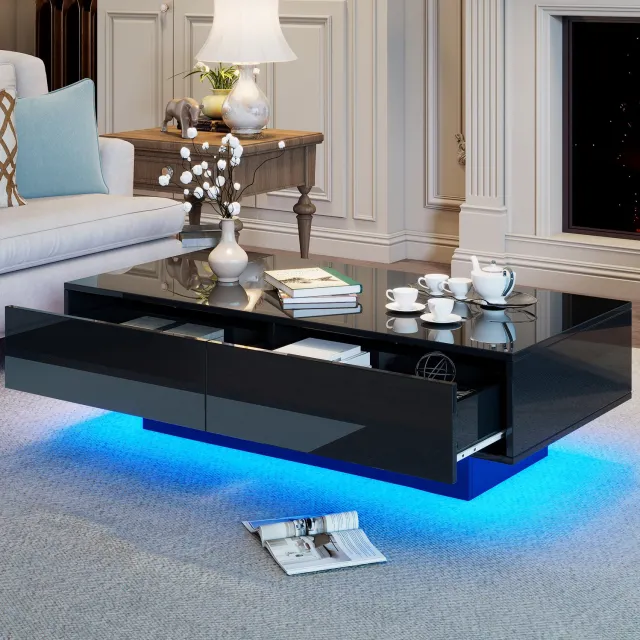 Maisentiel Salontafel 115 x 55 x 34 cm met LED, 2 lades, spaanplaat, hoogglans zwart