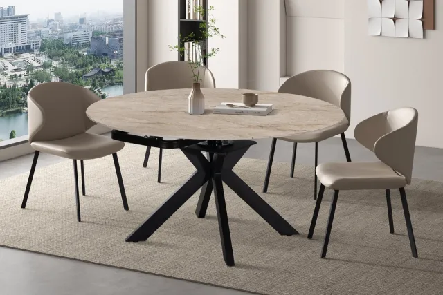Rousseau Uitschuifbare Eettafel Athéna 140 x 90 cm – Rond Ø140 cm – Beige Steenlook- Zwart Metalen Onderstel