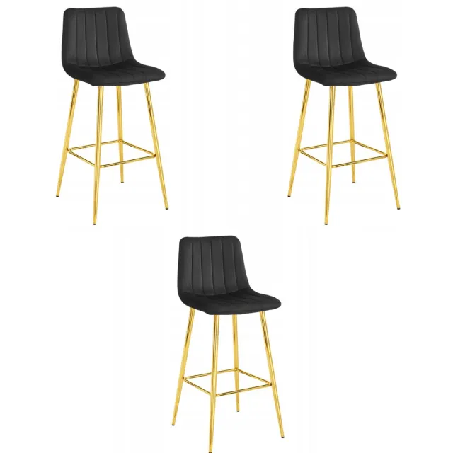 LEOBERT Set van 3 Barkrukken POZZA - Zwart Fluweel - Gouden Metalen Poten - Moderne Barkruk met Rugleuning Zwart/Goud