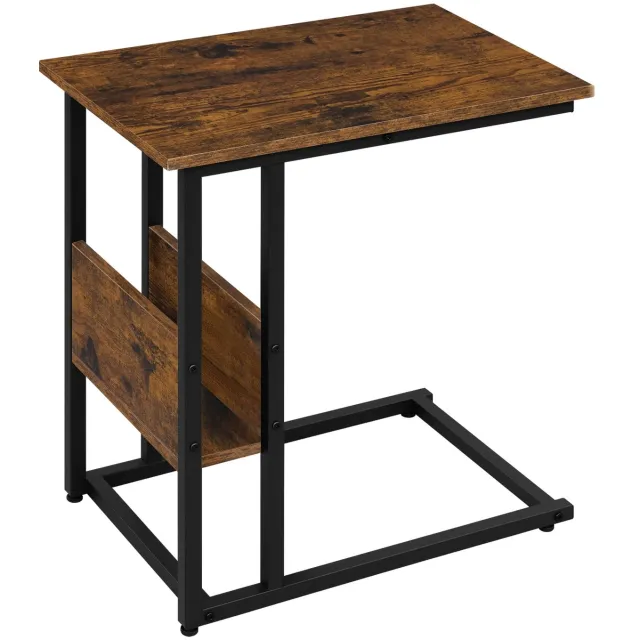 SONNENH C-vormige bijzettafel met zijvak - Rustiek bruin en zwart - 55 x 36 cm Rustieke bruine houtlook en zwart