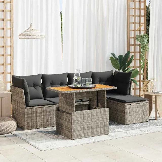 vidaXL 6-delige Loungeset met kussens poly rattan grijs, foto 2