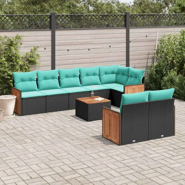 vidaXL 9-delige tuinbankset met kussens van zwart polyrotan, foto 2