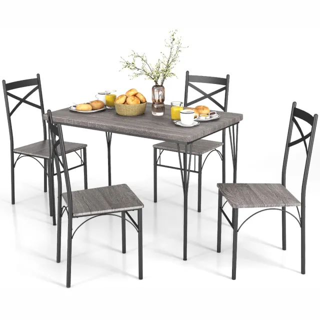 Costway 5-delige eettafelset, keukentafel met 4 stoelen, eetgroep voor 4 personen, eetkamergroep, zitgroep, metalen frame, voor keuken, eetkamer, ruimtebesparend Grijs