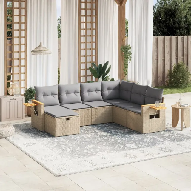vidaXL 7-delige Loungeset met kussens poly rattan gemengd beige, foto 2