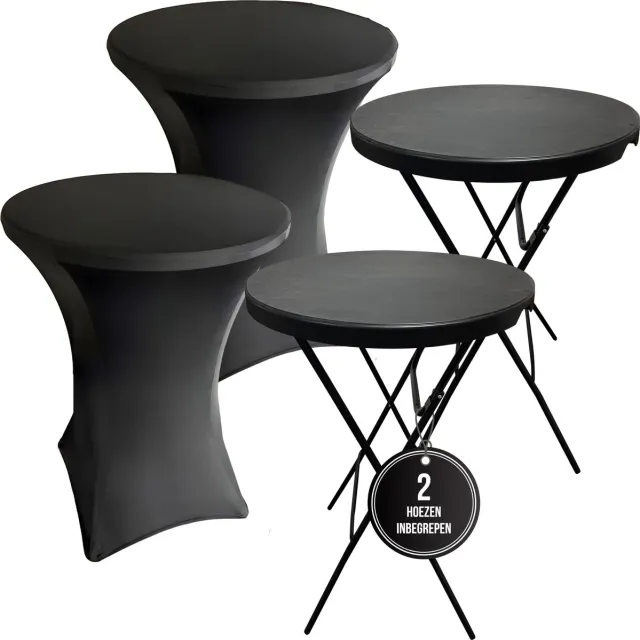 IvoQ 2x Zwarte Statafel + 2x Zwarte Statafelrok - Inklapbaar - Ø80x110 cm - Partytafel / Staantafel Rond - Cocktailtafel voor Binnen & Buiten
