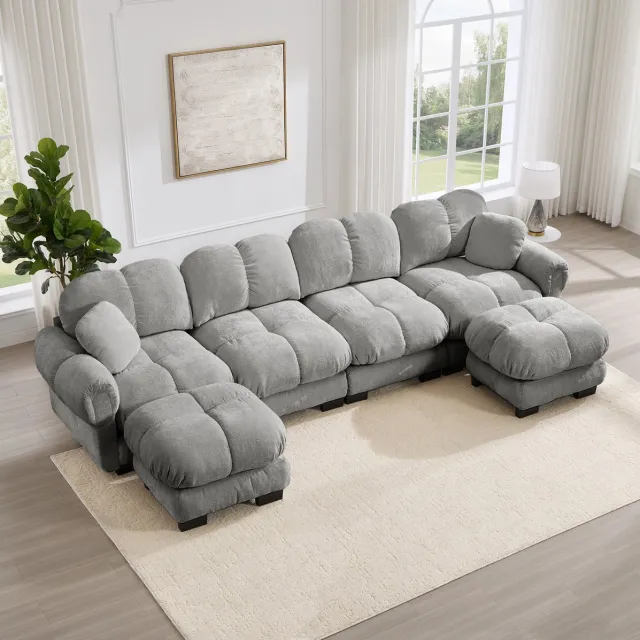 MODENUIT U-bank 4-zits 330 x 149 x 90 cm - Modulair Met 2 Verplaatsbare Hockers - Chenille - Lichtgrijs