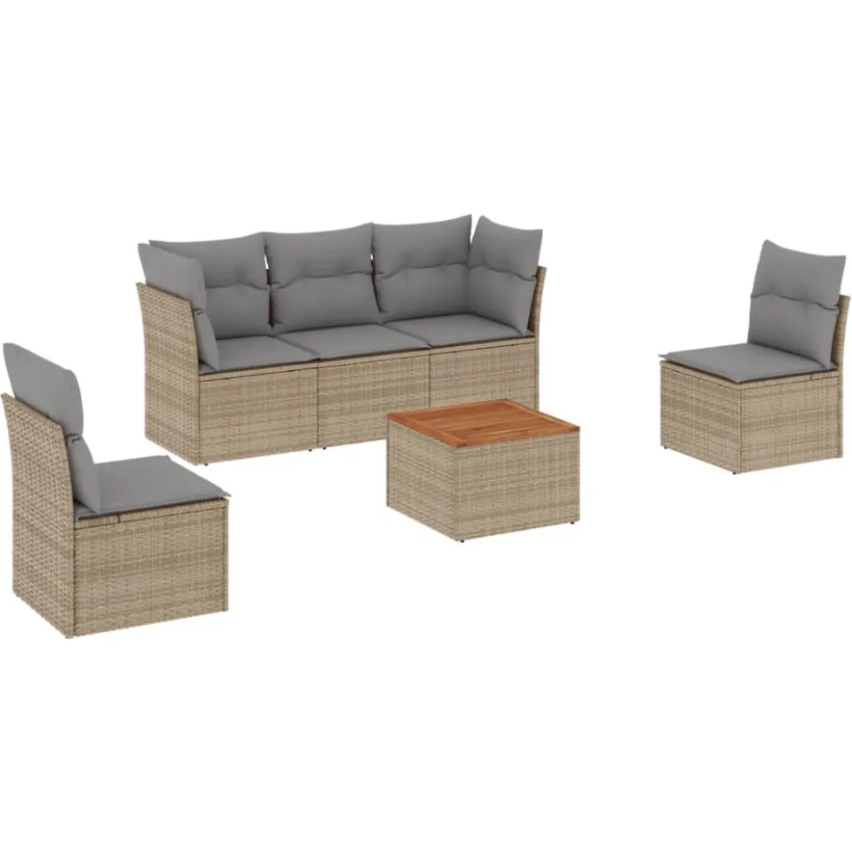 vidaXL 6-delige Loungeset met kussens poly rattan beige