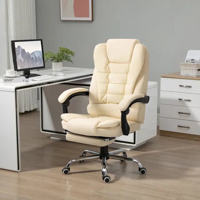 MEUNIQ bureaustoel met voetsteun, verstelbare zithoogte 109-117 cm, 145° kantelfunctie, hoge rugleuning met hoofdsteun, armleuningen, kunstleer, crème Cream White