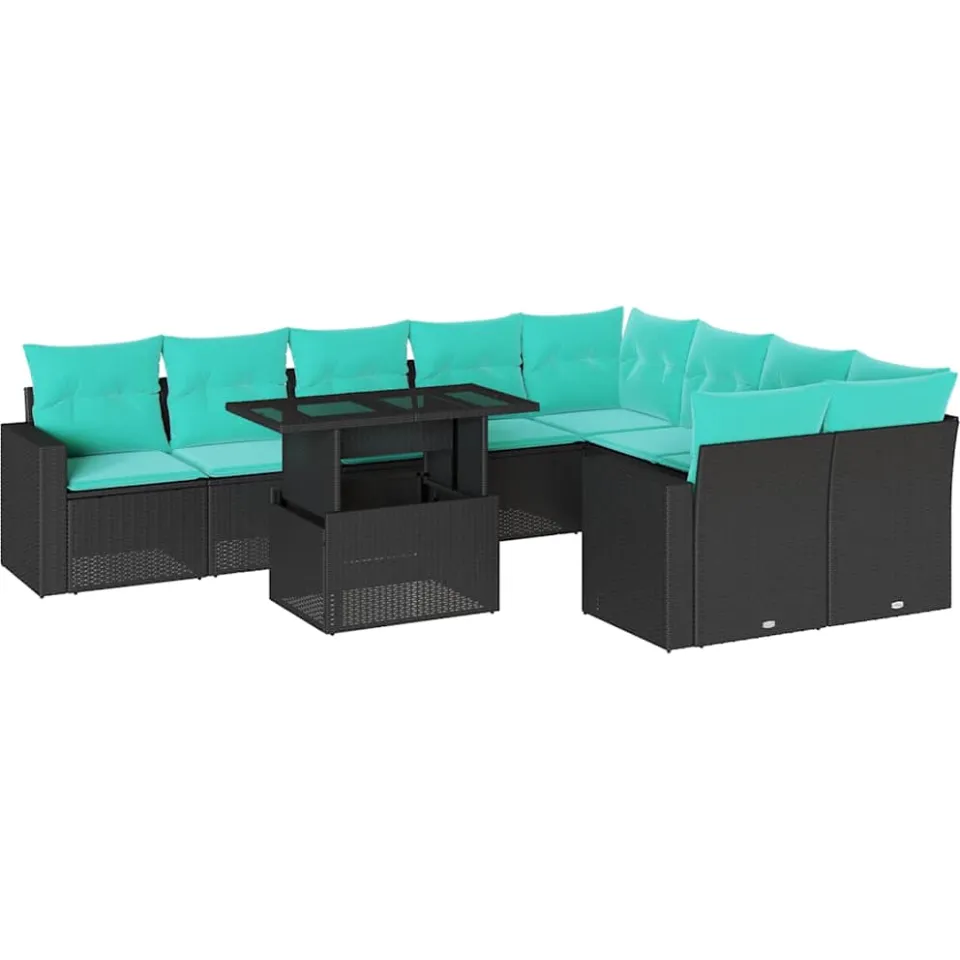 vidaXL 10-delige tuinbankset met kussens van zwart polyrotan, foto 3