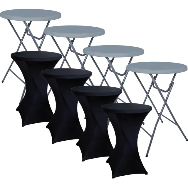 Brasq Statafel Grijs – Ø80 x 110 cm – Set van 4 – Staantafel – Partytafel – Bartafel – Inclusief 4x Zwarte Statafelrok – Voor Binnen en Buiten – Vouwtafel – Inklapbaar – Kunststof en Metaal Set van 4 Grijs + 4 Zwarte statafelrokken