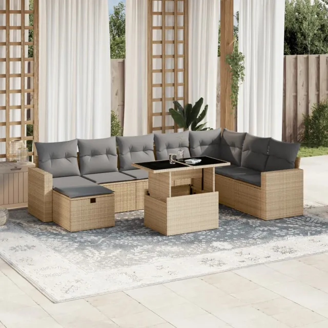 vidaXL 9-delige Loungeset met kussens poly rattan beige, foto 2