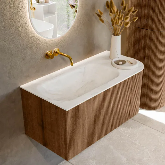 Mondiaz KURVE-DLUX 95 cm Onderkast Greeploos 1 Lade Met Deuren Walnut, Wastafel Solid Surface Links Ostra 0 Kraangaten Zonder Spiegel (KRVBGS95R1L1D0KL-Wal/Ost)