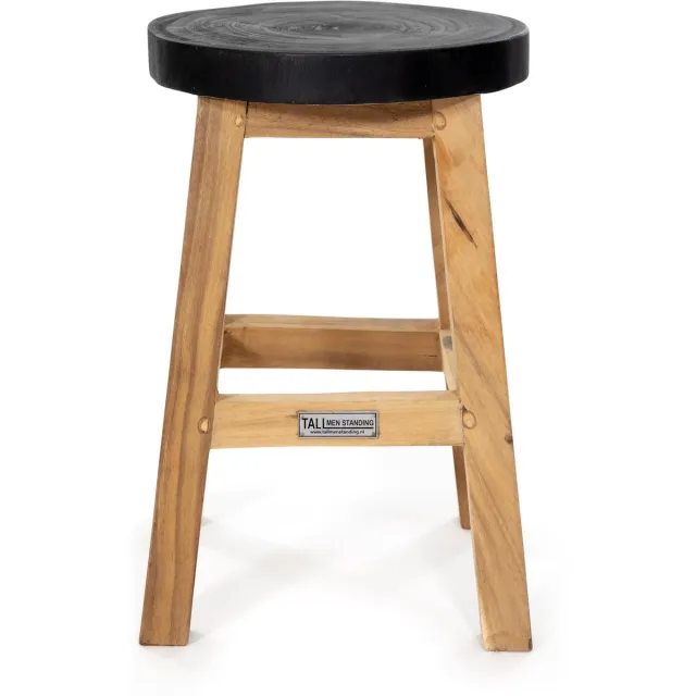 Tall Men Standing Stijlvolle Houten Ronde Kruk Paulini met Zwarte Zitting - Duurzaam en Praktisch Bruin