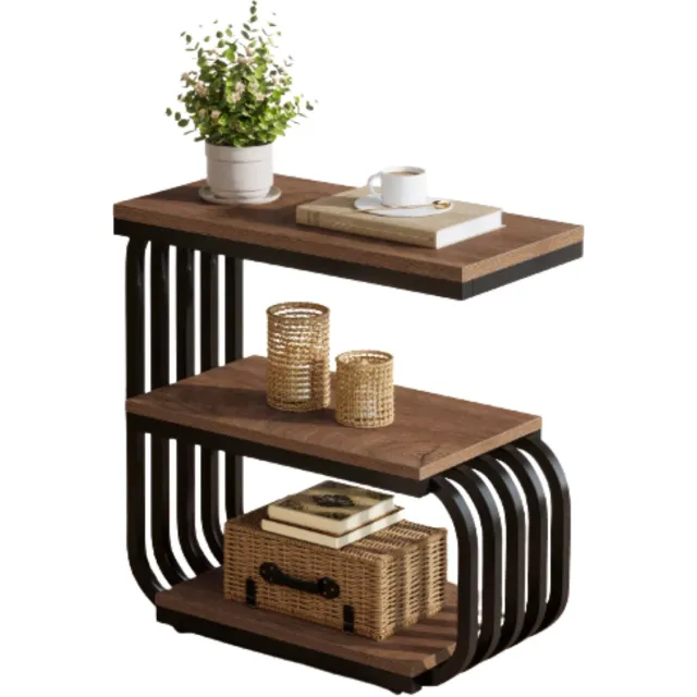 Stervia Bijzettafel - Salontafel - Nachtkastje - Stevig Metalen Frame - 3 Laags - Draagvermogen 50 Kg - Verstelbare Poten - 65 x 35 x 65 cm Bruin