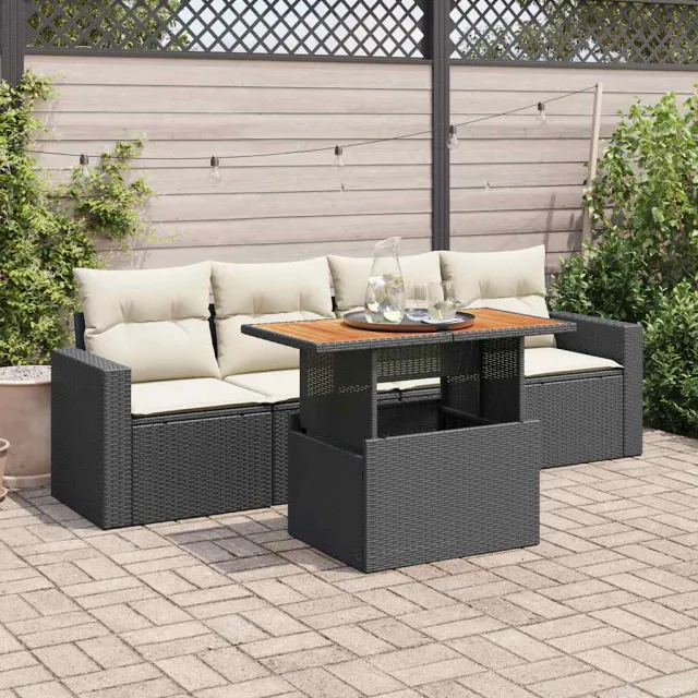 vidaXL 5-delige Loungeset met kussens poly rattan zwart, foto 2