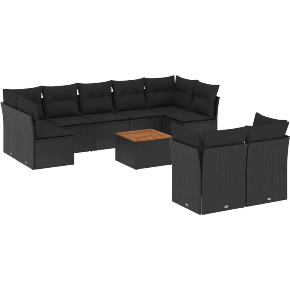 vidaXL 10-delige Loungeset met kussens poly rattan zwart, foto 3