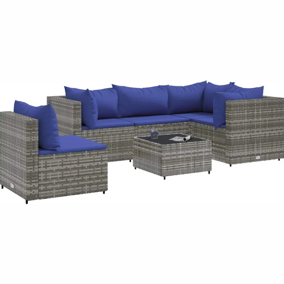 vidaXL 6-delige Loungeset met kussens poly rattan grijs, foto 3