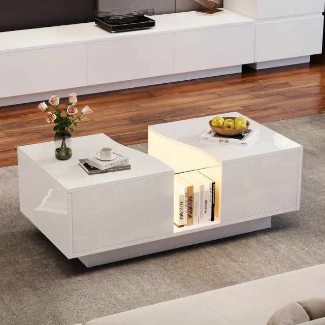 MEUNIQ LED-salontafel 100 x 50 x 35 cm met 2 lades, open vak en acrylplaat, appbediening, wit hoogglans MDF voor woonkamer of slaapkamer