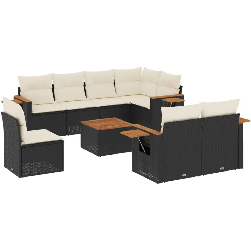 vidaXL 9-delige Loungeset met kussens poly rattan zwart, foto 3