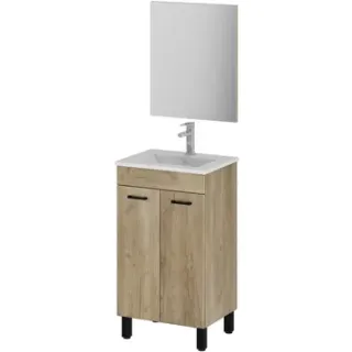 AquaVive - Praxis Eigen Merk Aquavive Badmeubelset Semplicita 49cm - Eiken Gemelamineerd - Met Spiegel En Wastafel - Met 2 Deuren Hout