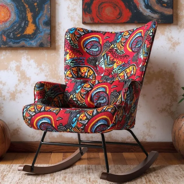 Homemiyn Schommelstoel – Linnen Look Zonnebloem Design Rocking Chair – Gele Bloemen Fauteuil – Comfortabele Wipstoel met Hoge Rugleuning voor Woonkamer en Slaapkamer Zon-graffiti