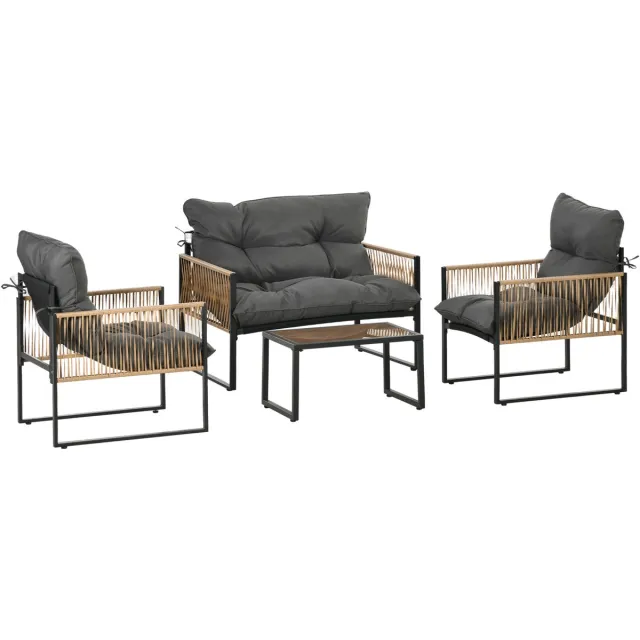 Clruro Tuinmeubelset - 4-delig - Rattan Tuinset Incl. Kussens, 1 Glastafel, 2 Stoelen, 1 Tweezitsbank - Rattan & Glas - Khaki Donkergrijs
