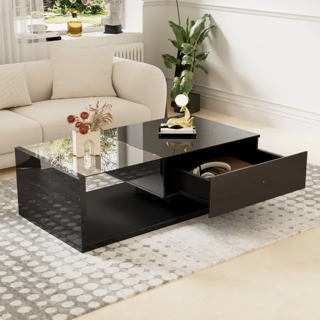 CHICFURN Salontafel 105 cm - LED-verlichting - Opbergvak - Woonkamer - Spaanplaat en glas - Zwart hoogglans