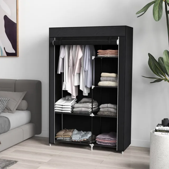 WUVRIE Stoffen kledingkast 103x43x162,5 cm - 6 planken en kledingroede - Zwart