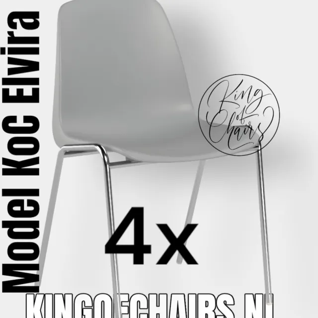 King of Chairs set van 4- model KoC Elvira lichtgrijs met verchroomd onderstel. Kantinestoel stapelstoel kuipstoel vergaderstoel tuinstoel kantine stoel stapel kantinestoelen stapelstoelen kuipstoelen stapelbare keukenstoel Helene eetkamerstoel