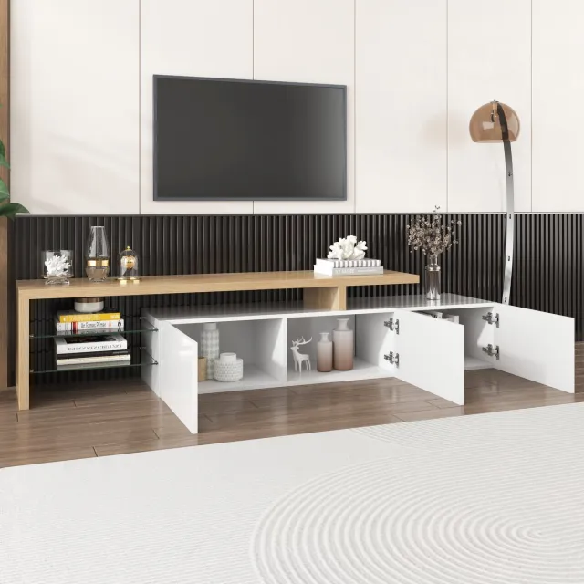 MODENUIT Tv-meubel - Met Ledverlichting En Glasplanken - Voor Woonkamer - Mdf En Glas - 197,5x39x42 Cm - Wit