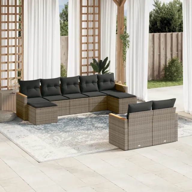vidaXL 9-delige Loungeset met kussens poly rattan grijs, foto 2