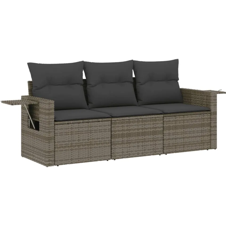 vidaXL 3-delige Loungeset met kussens poly rattan grijs, foto 3