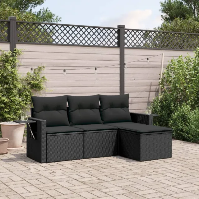 vidaXL 4-delige Loungeset met kussens poly rattan zwart, foto 2