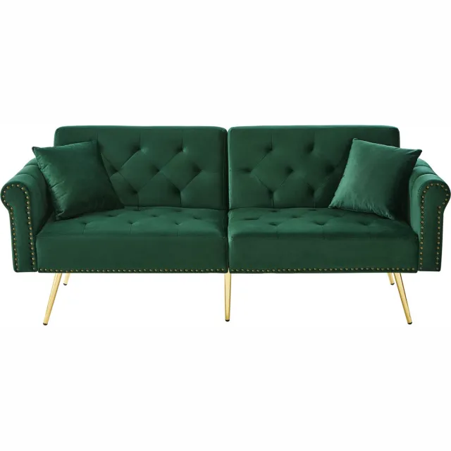 in& out door furniture Moderne 2-zits slaapbank – met fluwelen bekleding, 3-standen verstelbare rugleuning & vergulde metalen poten. Stijlvolle sofa met slaapfunctie – ruimtebesparend, draagkrachtig, ideaal voor kleine ruimtes.- groen
