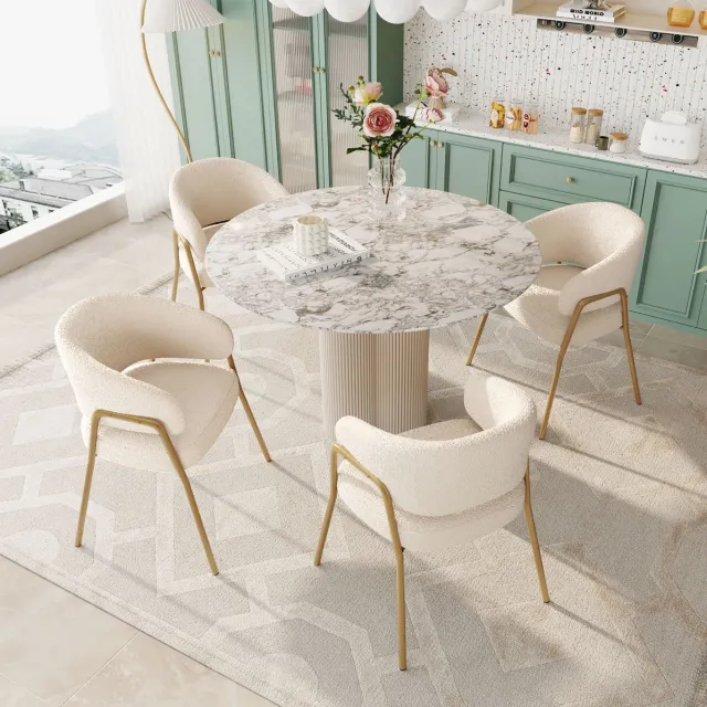 MEUNIQ witte eetkamerstoel kuipstoel met armleuningen, goudkleurige metalen poten, zachte zitting en open rugdesign, set van 4 voor eetkamer
