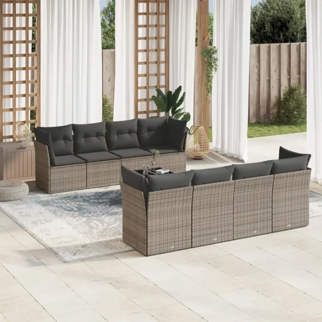 vidaXL 9-delige Loungeset met kussens poly rattan grijs, foto 2