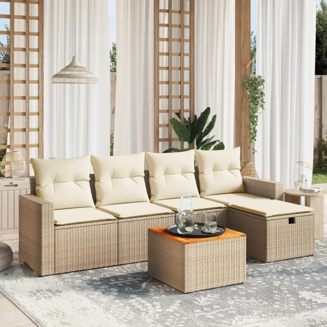 vidaXL 6-delige Loungeset met kussens poly rattan beige, foto 2