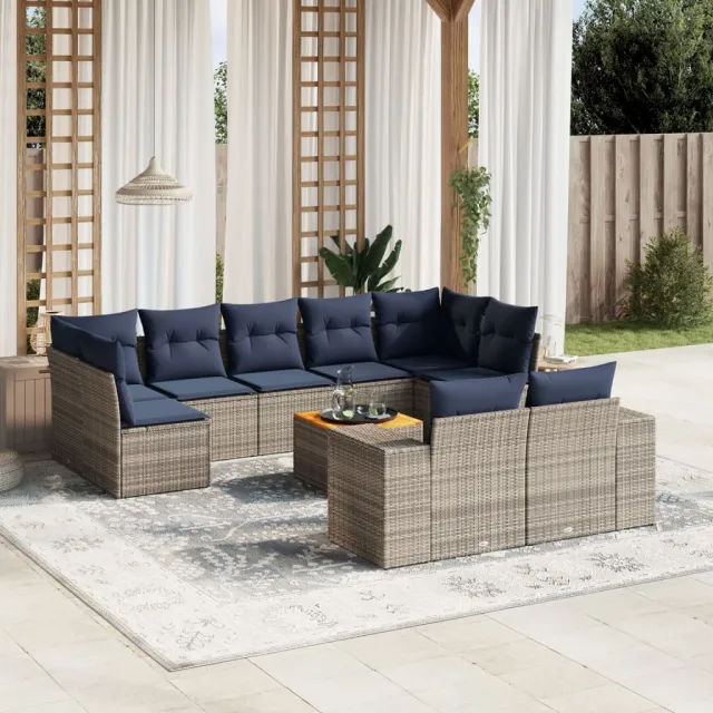 vidaXL 10-delige tuinbankset met kussens, grijs polyrotan, foto 2
