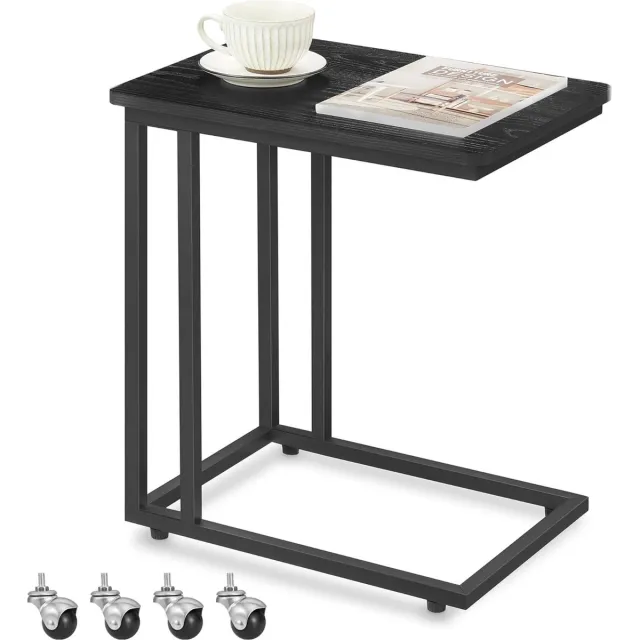FurnStar Bijzettafel - Banktafel met Wieltjes - C-Vorm - Mobiele Koffietafel - 35 x 50 x 60 cm - Woonkamertafel met Metalen Frame - Voor Koffie en Laptop - Modern - Ebbenzwart