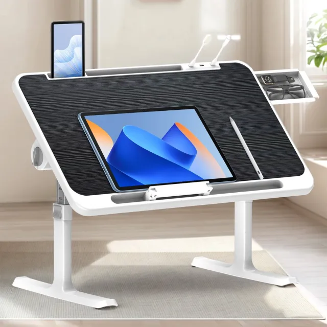 Soontrans Opvouwbare Laptoptabel In Hoogte Verstelbare Laptoptabel Met Lade + LED + Ventilator Draagbaar Bureau Voor op Bed Met Ergonomische Kantelhoek，Hoek Kan Vrij Worden Aangepast Voor Bank, Vloer, Bed, Buiten - Zwart Zwart-008