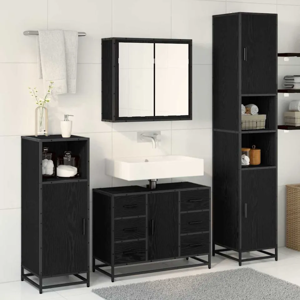vidaXL Badkamermeubelset 4 st Zwart Eiken 80 x 33 x 60 cm Bewerkt hout, foto 3
