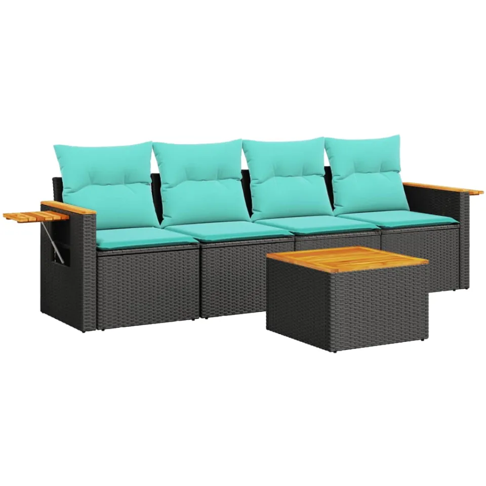 vidaXL 5-delige Loungeset met kussens poly rattan zwart, foto 3
